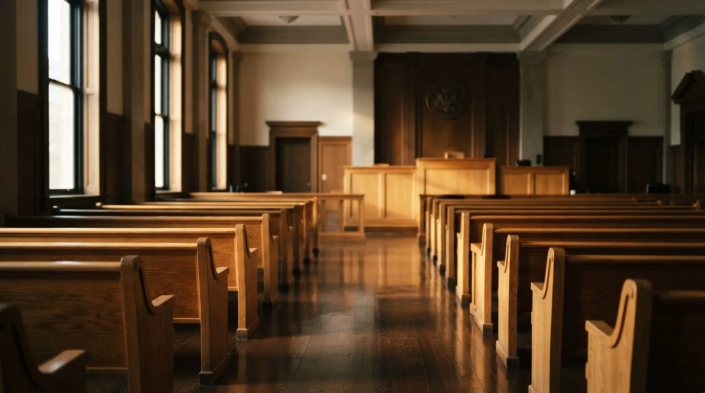 Een lege rechtszaal met houten banken in het ochtendlicht