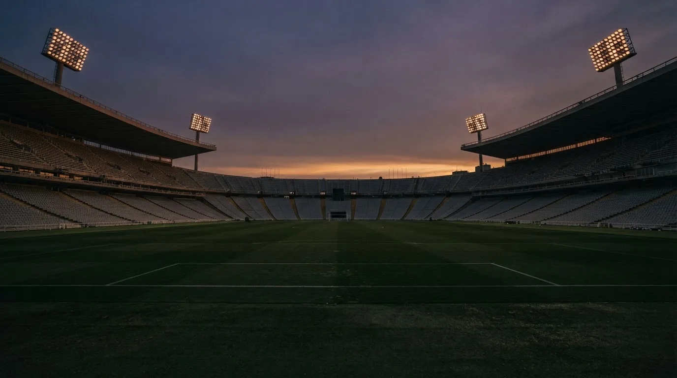 Een leeg voetbalstadion met lichtmasten bij schemering