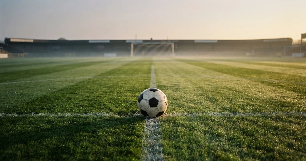 Een voetbal op de middenstip van een grasveld in het ochtendlicht