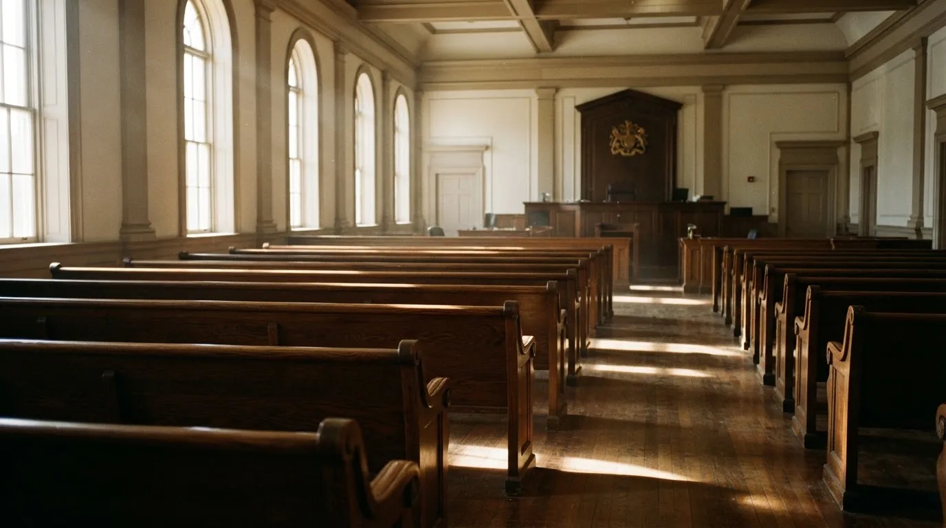 Een lege rechtszaal met houten banken in het ochtendlicht