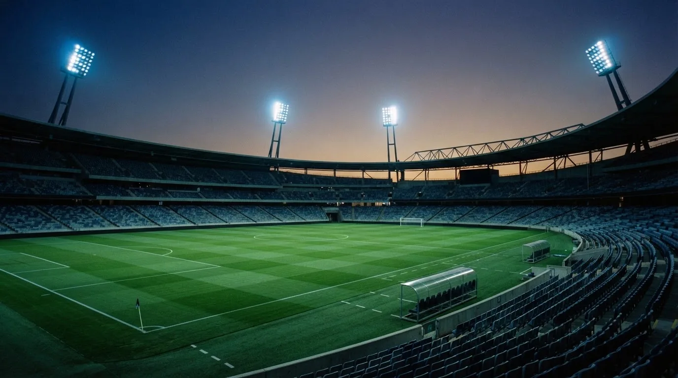 Een leeg voetbalstadion met lichtmasten bij schemering