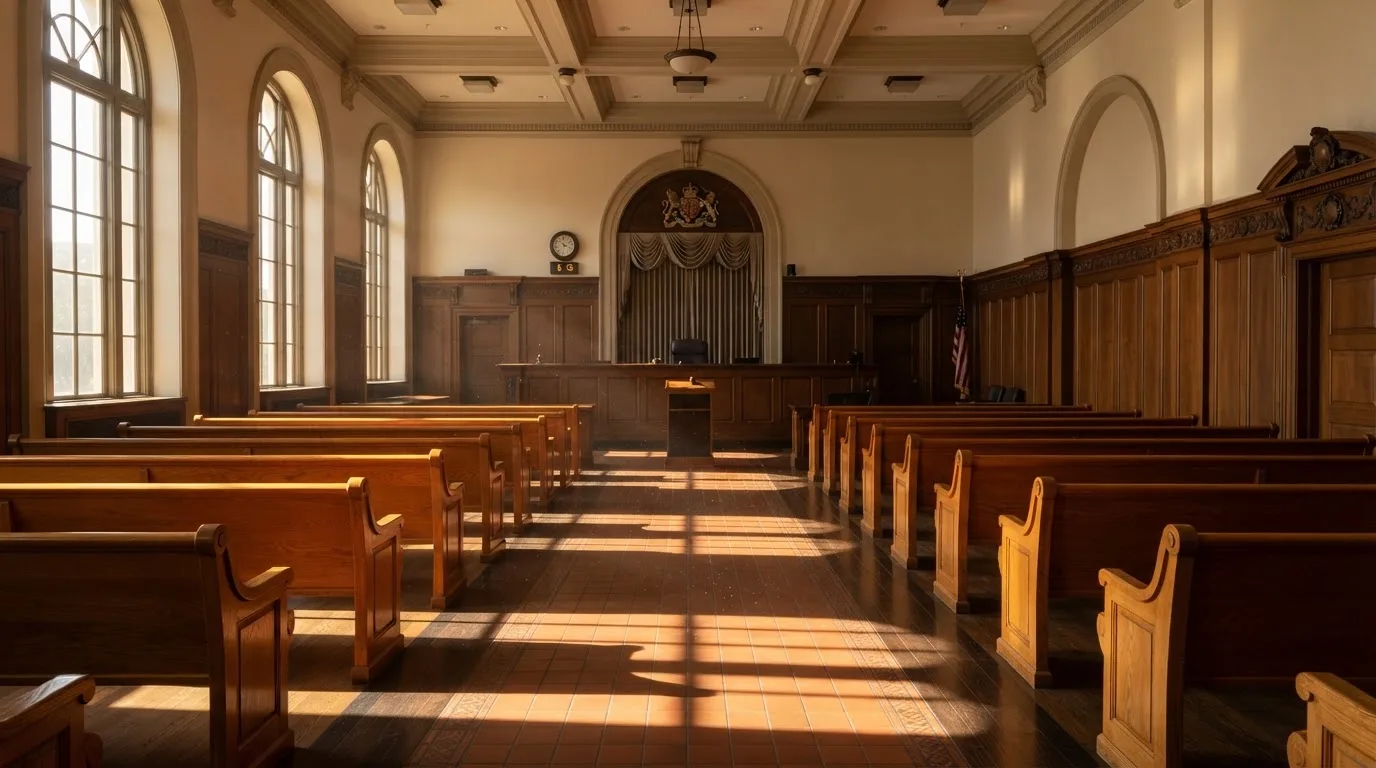 Een lege rechtszaal met houten banken in het ochtendlicht