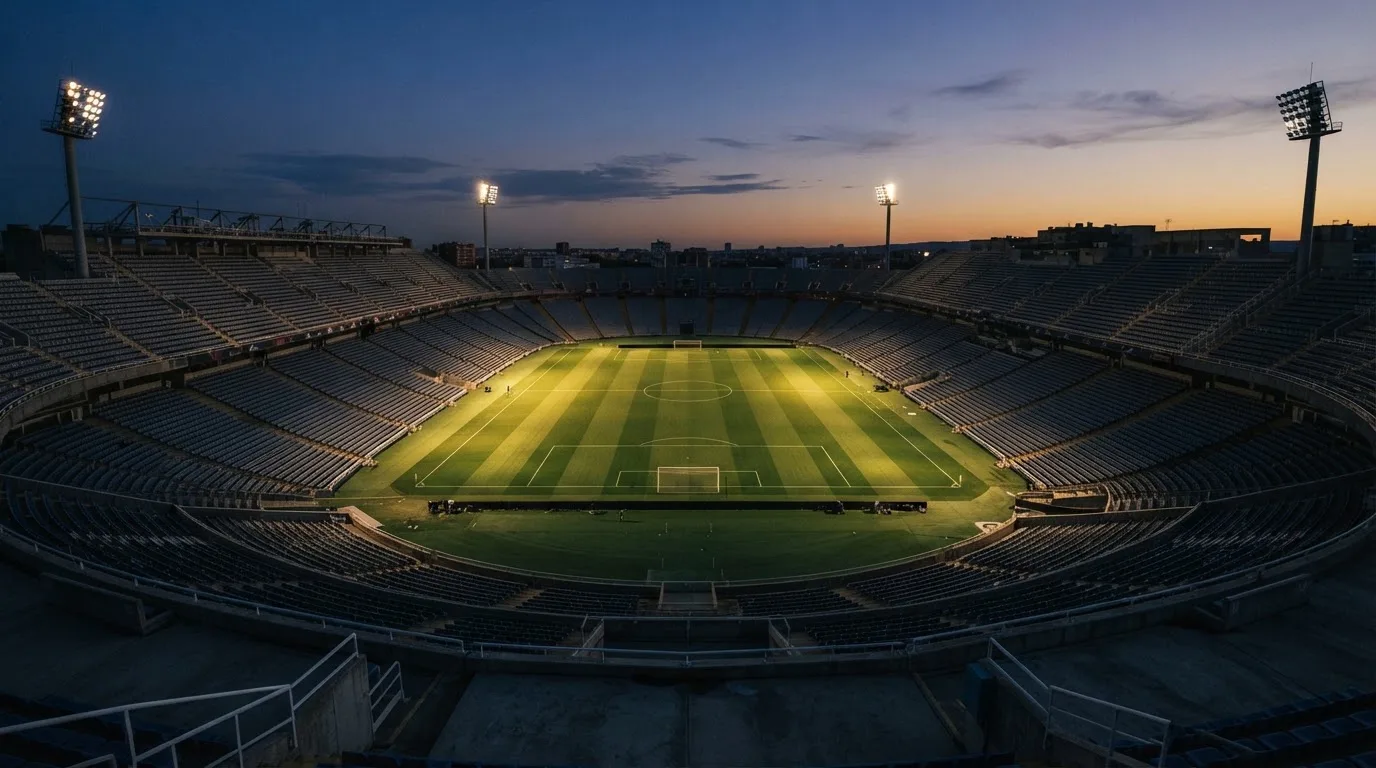 Een leeg voetbalstadion met lichtmasten bij schemering
